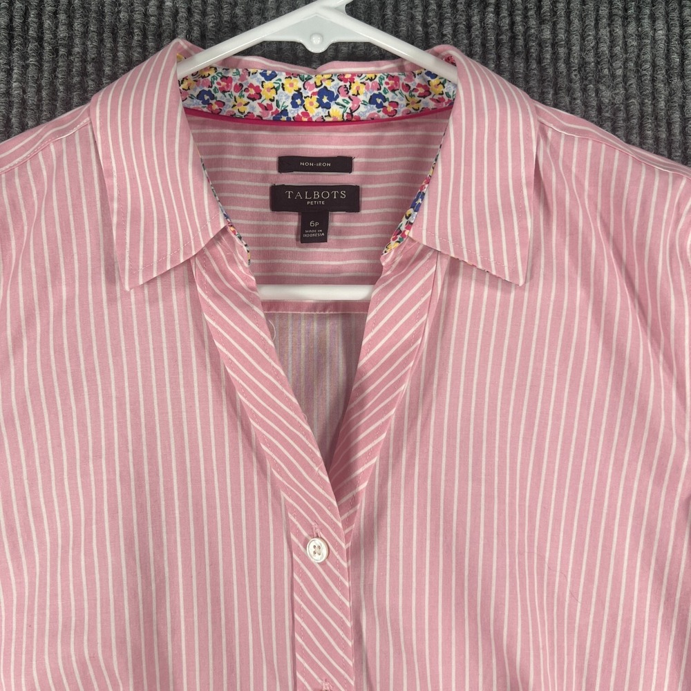 Talbots Womens Size 6 Petite Pink Striped Short Sleeve Button Up Shirt Top